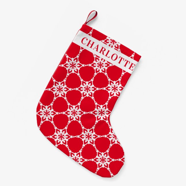 Meia De Natal Pequena SNOWFLAKE moderno padrão elegante vermelho branco (Frente (Pendurada))