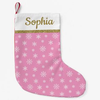 Meia De Natal Pequena Snowflakes Nome personalizado de padrão rosa