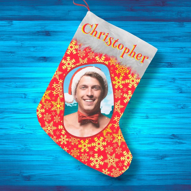 Meia De Natal Pequena Snowflakes Red & Dourado Festivo Nome da Foto Eleg (Criador carregado)