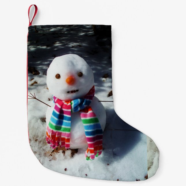 Meia De Natal Pequena Snowman com Rainbow Scarf Snowman com Rainbow Sc (Frente)