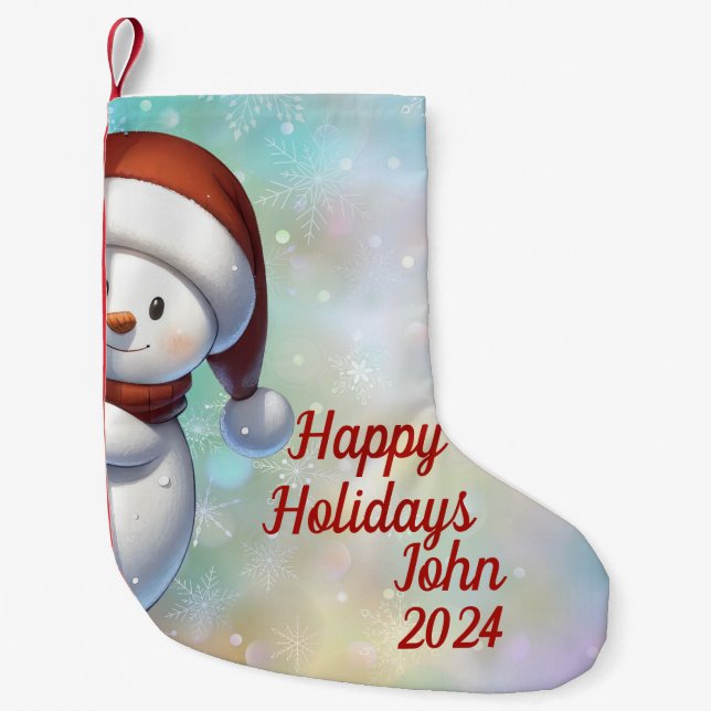 Meia De Natal Pequena Snowman com Santa Hat (Frente)