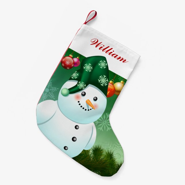Meia De Natal Pequena Snowman De Natal Com Chapéu Verde (Frente (Pendurada))