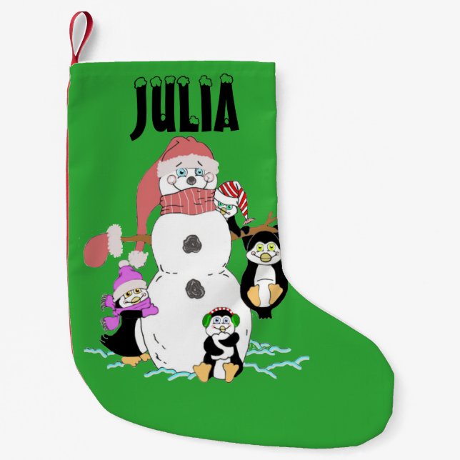 Meia De Natal Pequena Snowman E Pinguins Natal (Frente)