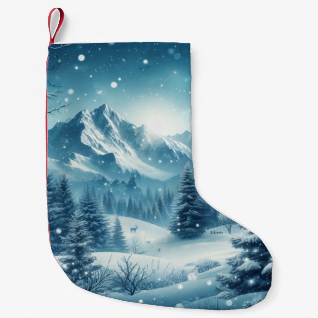 Meia De Natal Pequena Snowy Winter Mountain (Frente)