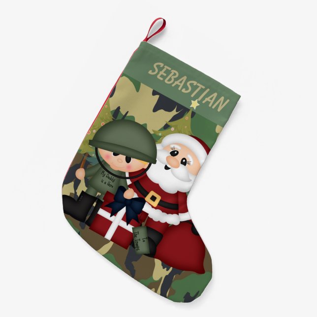 Meia De Natal Pequena Soldado Militar e Papai Noel Personalizados (Frente (Pendurada))