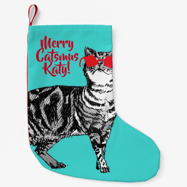 Meia De Natal Pequena Tabby Cat Catsmus Catsmus Aqua Christmas Stocks (Frente)