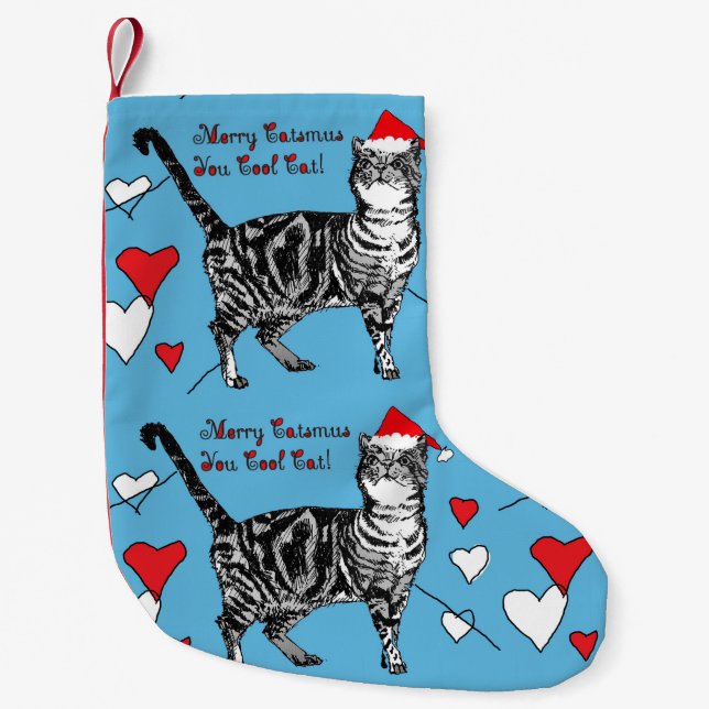 Meia De Natal Pequena Tabby Cat Feliz Blue Red Christmas Stocks (Frente)