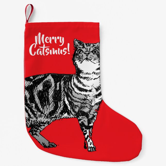 Meia De Natal Pequena Tabby Cat Feliz Catsmus Red Christmas Stocks (Frente)