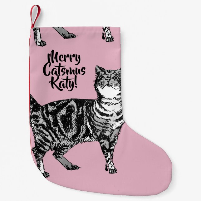 Meia De Natal Pequena Tabby Cat Merry Catsmus Pink Christmas Stocking (Frente)