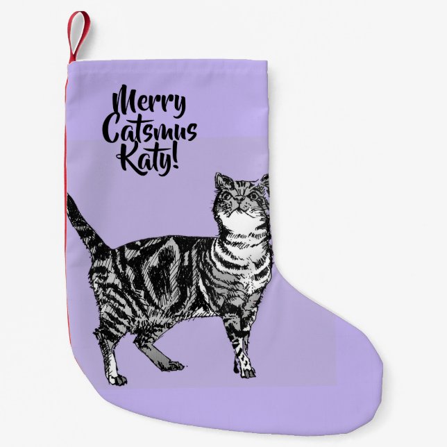 Meia De Natal Pequena Tabby Cat Merry Catsmus Purple Christmas Stocking (Frente)