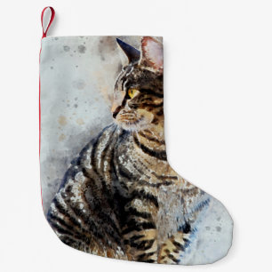 Meia De Natal Pequena Tabby Watercolor Art, Castanho Cinto