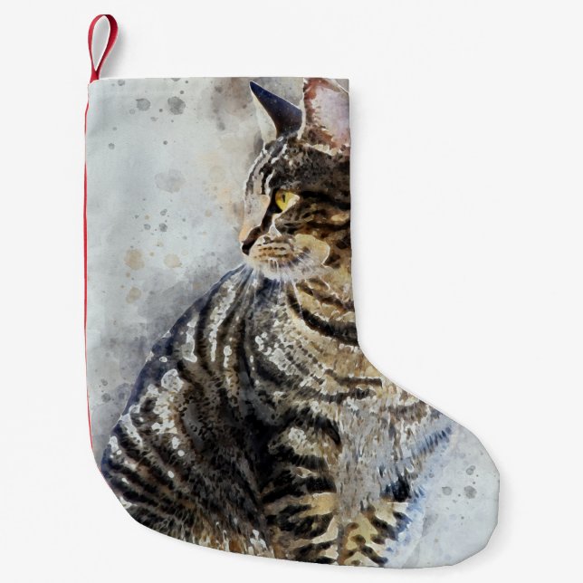 Meia De Natal Pequena Tabby Watercolor Art, Castanho Cinto (Frente)