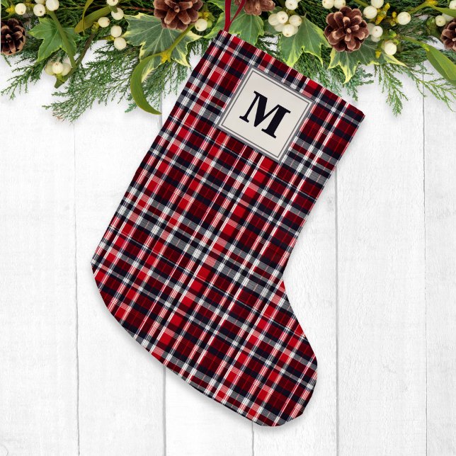Meia De Natal Pequena Tartan Check Patterno Na moda Festivo Monograma (An elegant monogrammed Christmas stocking, with tartan plaid pattern in red, gray and white)