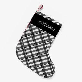 Meia De Natal Pequena Tartan Preto Branco Buffalo Plaid Nome Personaliza