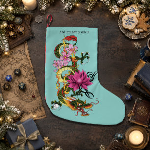 Meia De Natal Pequena Tatuagem de Dragão Chinês Verde Ousado com Lótus e