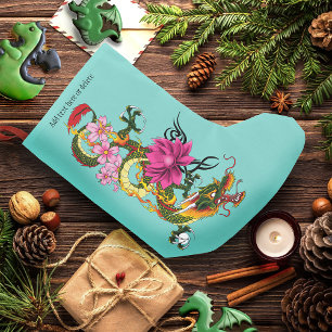 Meia De Natal Pequena Tatuagem de Dragão Chinês Verde Ousado com Lótus e