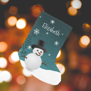 Meia De Natal Pequena Teal Snowman Winter Scene Christmas Stocks