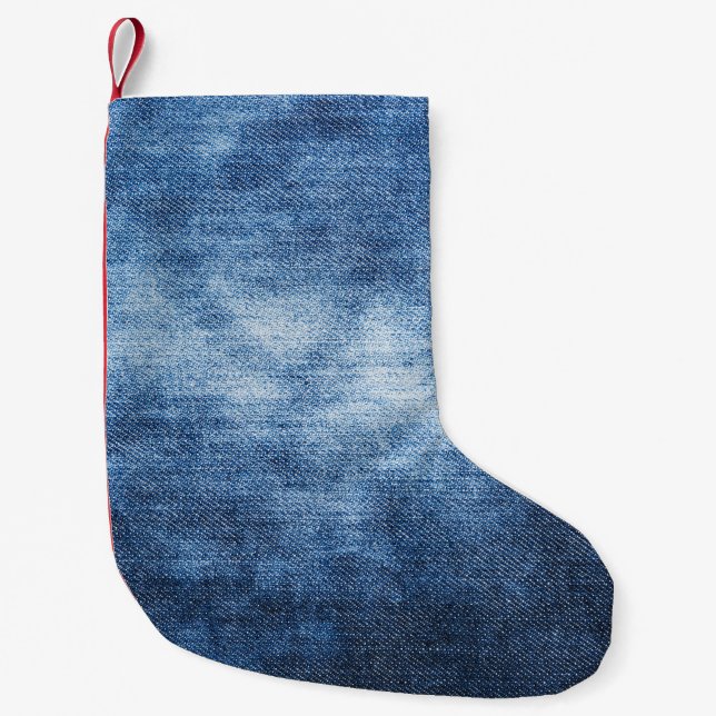 Meia De Natal Pequena tecido denim vestido, fundo texturizado. (Frente)