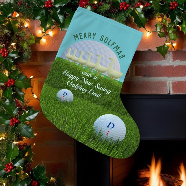 Meia De Natal Pequena Tema de Golfe Engraçado Seis Natal Gansos (Merry Golfmas! There's 6 geese laying golf balls on this fun christmas stocking. Perfect for golfers)