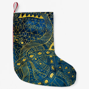 Meia De Natal Pequena Teste padrão tribal da aguarela e do ouro no azul
