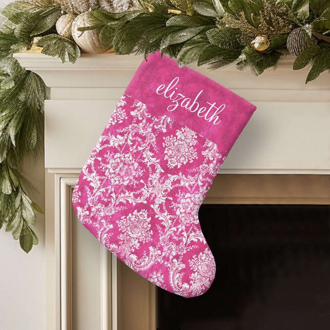 Meia De Natal Pequena Texto Personalizado de Cor damasco Rosa Quente (Personalized Christmas Stocking)
