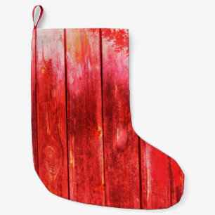 Meia De Natal Pequena Textura em placas de madeira vermelha e brilhante.