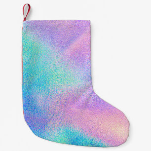 Meia De Natal Pequena Textura holográfica real em cor verde-rosa azul