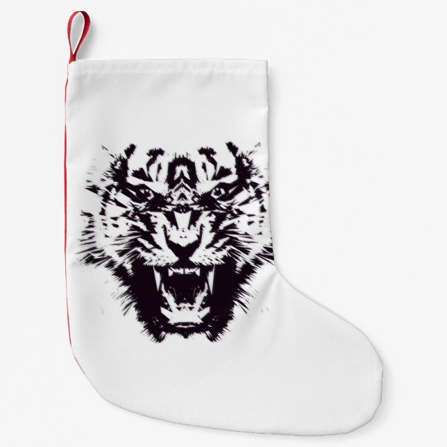 Meia De Natal Pequena Tigre irritado irregular abstrato preto e branco (Frente)