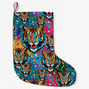 Meia De Natal Pequena Tinta de cores Arco-íris Cabeça de Tigre
