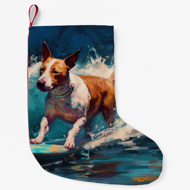 Meia De Natal Pequena Touro Terrier Beach Surfing Painting (Frente)