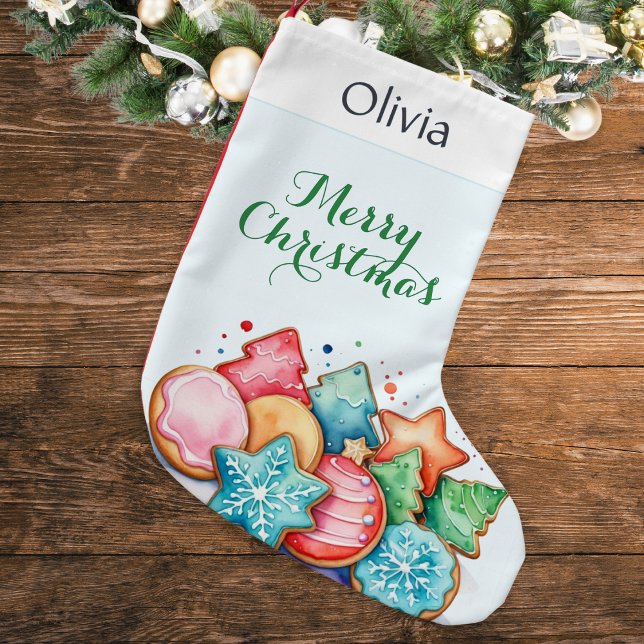 Meia De Natal Pequena Tratamentos de Feriado de Cookies Cute Personaliza (A personalized Christmas stocking featuring colorful festive cookies in a watercolor style)