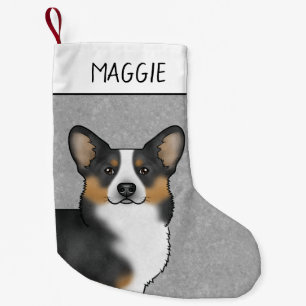 Meia De Natal Pequena Tricolor Preto Pembroke Welsh Corgi Cabeça E Nome