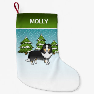 Meia De Natal Pequena Tricolor Sheltie Cartoon Dog Em Inverno E Nome