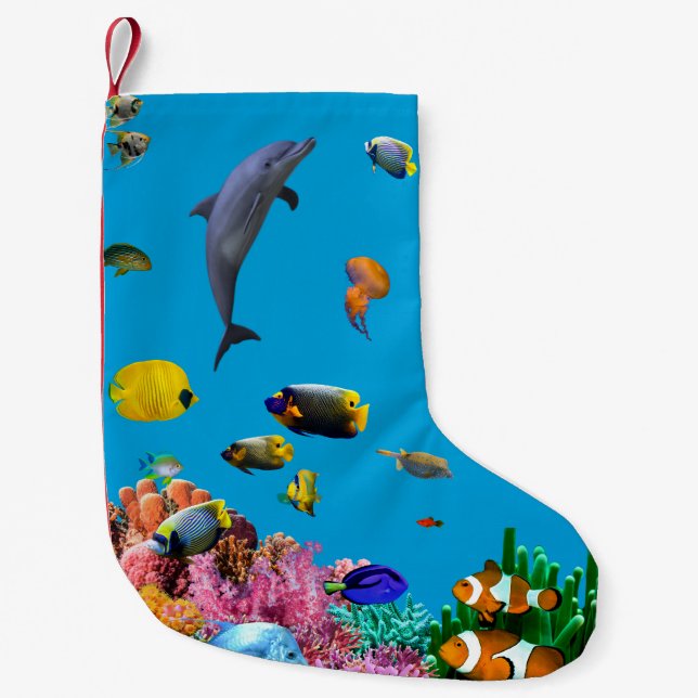 Meia De Natal Pequena Tropical fish & dolphin blue Christmas stocking (Frente)