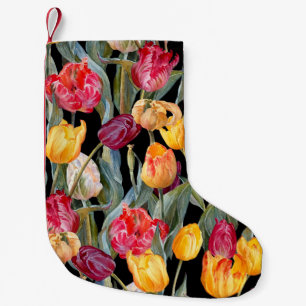 Meia De Natal Pequena Tulipas coloridas, fundo preto isolado.