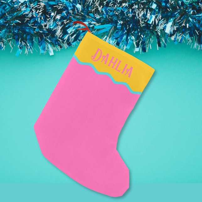 Meia De Natal Pequena Turquesa Rosa Quente, Cinza-Brilhante Personalizad (Hot Pink Stocking with pink name on mango orange gold background and turquoise accent)