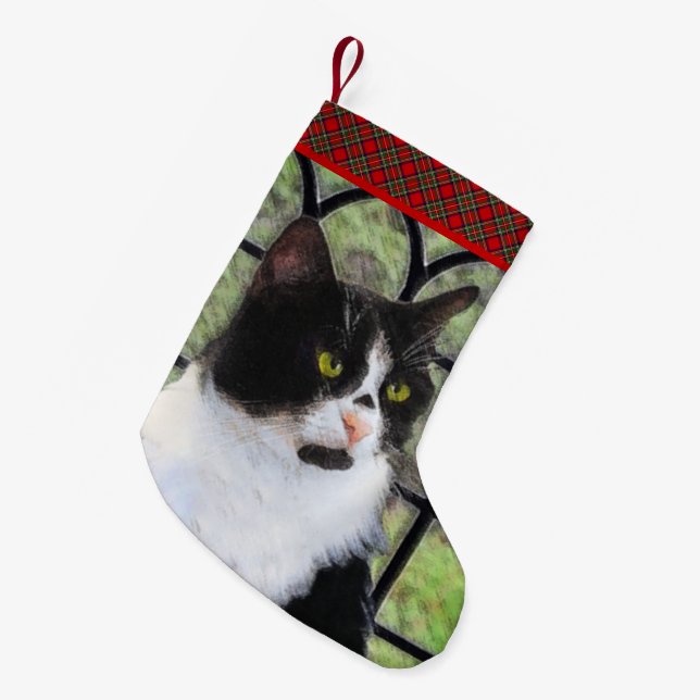 Meia De Natal Pequena Tuxedo Cat em Pintura de Janela Arte Animal Origin (Frente (Pendurada))