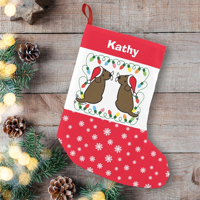 Meia De Natal Pequena Twin Chocolate Labrador Santas (Personalized Twin Chocolate Labrador Santas Christmas Stocking for Labrador Retriever Owners.)
