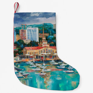 Meia De Natal Pequena Uma pintura a óleo na canvas. Panorama de Sochi. A