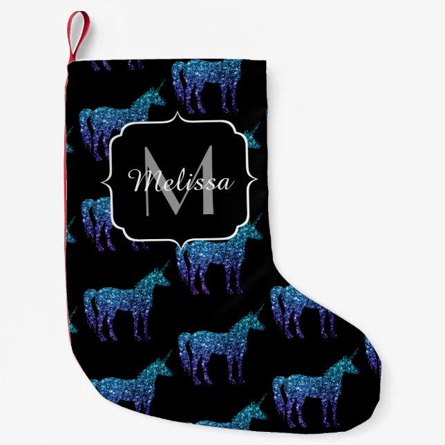Meia De Natal Pequena Unicorn Sparkles aqua Blue ombre Standard Monogram (Frente)