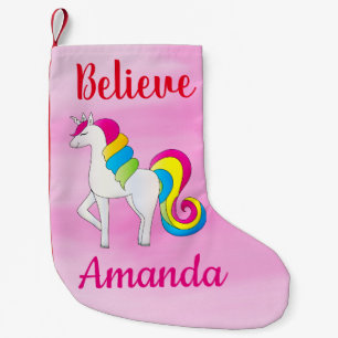 Meia De Natal Pequena Unicórnio Acredite no Nome Personalizado Rosa