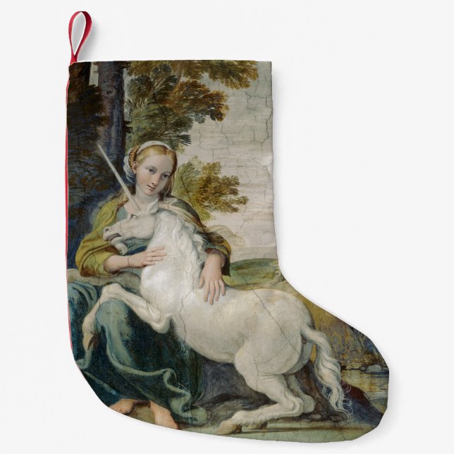 Meia De Natal Pequena Unicórnio e Jovem Mulher (por Domenichino) (Frente)