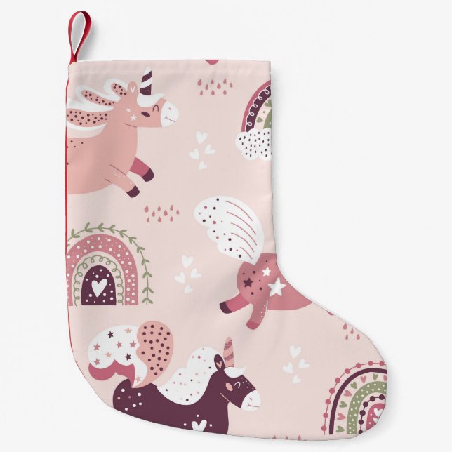 Meia De Natal Pequena Unicorns Rainbows: Fundo Mágico Pastel. (Frente)