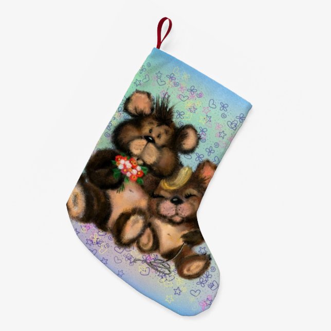 Meia De Natal Pequena Urso casal com Balão de Coração (Frente (Pendurada))