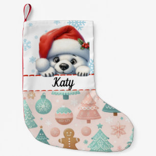 Meia De Natal Pequena Urso de Natal com Acentos Pastel e Floco de Neve