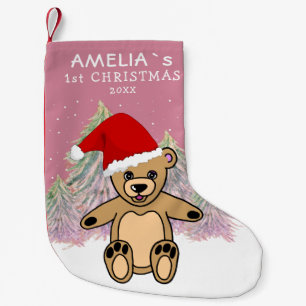 Meia De Natal Pequena Urso de Pelúcia de Primeiro Natal do Bebê com Chap