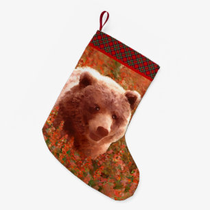 Meia De Natal Pequena Urso Grizzly na Pintura de Arte Selvagem com Algas