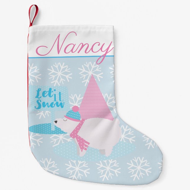 Meia De Natal Pequena Urso Polar Adorável Chubby com Flocos de Neve (Frente)