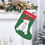 Meia De Natal Pequena Urso Polar Bonito em Crianças do Monograma de Sant<br><div class="desc">Um belo urso polar de natal em lindo verde e vermelho. Este animal bonito parece muito fofo num chapéu vermelho de Papai Noel de férias com um sorriso. Personalize este presente infantil com a sua própria personalização sob os ursos polares.</div>