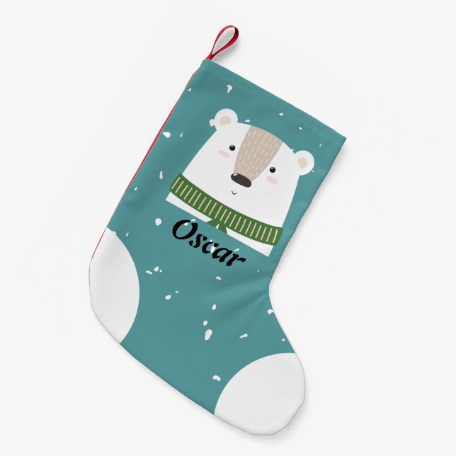 Meia De Natal Pequena Urso Polar moderno Na moda personalizado com azul- (Frente (Pendurada))